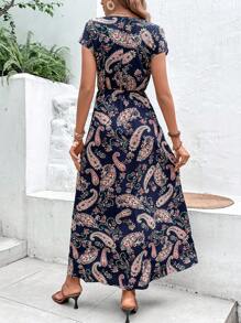 Breezaya Paisley Print Split Thigh Dress Without Belt - Navy Blue - View 2