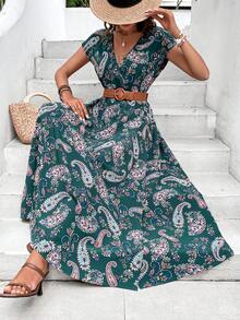 SHEIN VCAY 佩斯利印花蝙蝠袖連衣裙不附腰帶 - 墨綠色 - 查看 5