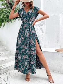 SHEIN VCAY 佩斯利印花蝙蝠袖連衣裙不附腰帶 - 墨綠色 - 查看 6