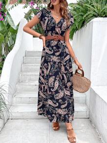 Breezaya Paisley Print Split Thigh Dress Without Belt - Navy Blue - View 4