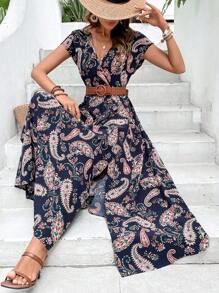 Breezaya Paisley Print Split Thigh Dress Without Belt - Navy Blue - View 5
