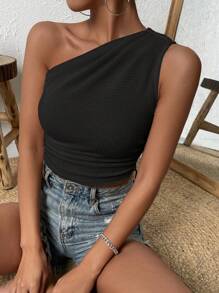 Chiquease 單肩側收褶短款上衣 - 黑色 - 查看 1