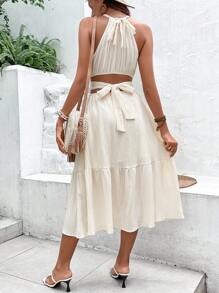 SHEIN VCAY Đầm Viên lá sen Buộc lại màu trơn Giải trí - Màu be - Xem 2