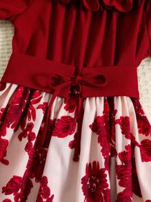 SHEIN Tween Girl Floral Print Cold Shoulder Ruffle Trim Belted Dress - Multicolor - View 5