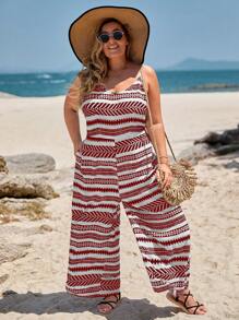 SHEIN VCAY Plus Allover Print Cami Jumpsuit - Red and White - View 3