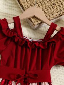 SHEIN Tween Girl Floral Print Cold Shoulder Ruffle Trim Belted Dress - Multicolor - View 8