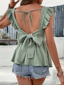 SHEIN VCAY Áo sơ mi nữ Xù Lộ Lưng Buộc lại màu trơn Dễ thương - màu xanh lá - Xem 5