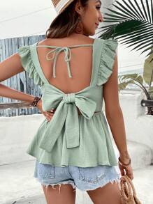 SHEIN VCAY Áo sơ mi nữ Xù Lộ Lưng Buộc lại màu trơn Dễ thương - màu xanh lá - Xem 3