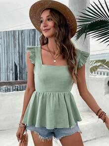 SHEIN VCAY Áo sơ mi nữ Xù Lộ Lưng Buộc lại màu trơn Dễ thương - màu xanh lá - Xem 6