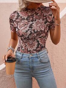 SHEIN LUNE 印花小高領木耳邊網紗上衣 - 彩色 - 查看 3