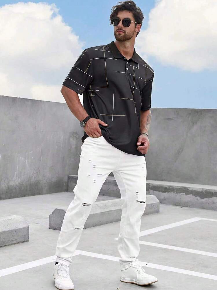 Manfinity Homme Hombres Camisa polo con estampado geométrico - Negro - Añade 4