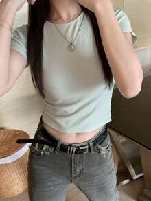 Solid Raglan Sleeve Ribbed Crop Tee