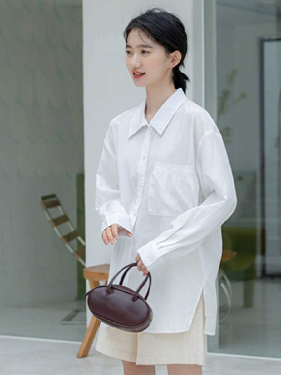 Camisa unicolor de hombros caídos - Blanco - Ver 1