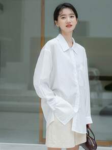 Camisa unicolor de hombros caídos - Blanco - Ver 3