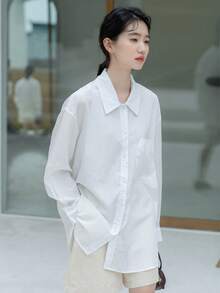 Camisa unicolor de hombros caídos - Blanco - Ver 6