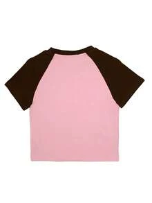 Camiseta crop con estampado de dibujos animados y letra de manga raglán - Rosa - Ver 2