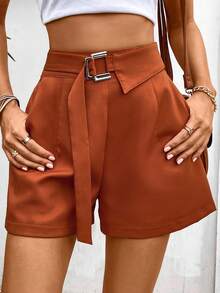 SHEIN LUNE Quần đùi nữ Thắt lưng Túi Dây kéo màu trơn Giải trí - Rỉ Nâu - Xem 2