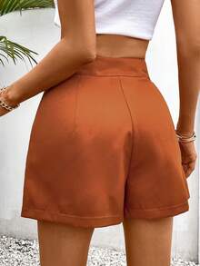 SHEIN LUNE Quần đùi nữ Thắt lưng Túi Dây kéo màu trơn Giải trí - Rỉ Nâu - Xem 3
