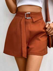 SHEIN LUNE Quần đùi nữ Thắt lưng Túi Dây kéo màu trơn Giải trí - Rỉ Nâu - Xem 1