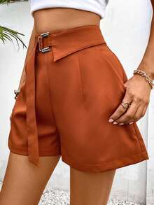 SHEIN LUNE Quần đùi nữ Thắt lưng Túi Dây kéo màu trơn Giải trí - Rỉ Nâu - Xem 4