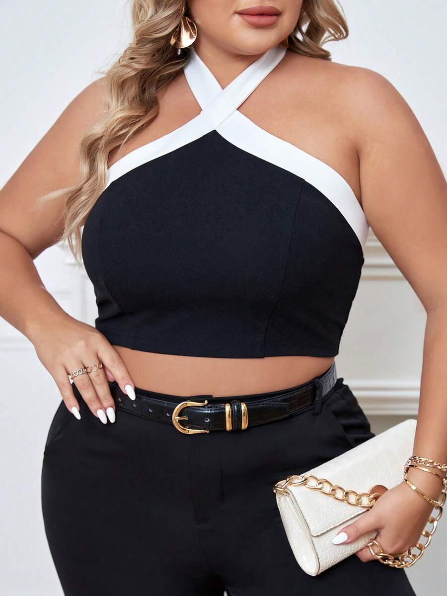 SHEIN Privé Áo hai dây Plus Size Lộ Lưng Tương phản ràng buộc màu trơn Giải trí - màu đen - Xem 1