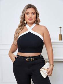 SHEIN Privé Áo hai dây Plus Size Lộ Lưng Tương phản ràng buộc màu trơn Giải trí - màu đen - Xem 4