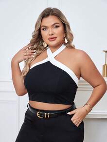 SHEIN Privé Áo hai dây Plus Size Lộ Lưng Tương phản ràng buộc màu trơn Giải trí - màu đen - Xem 5