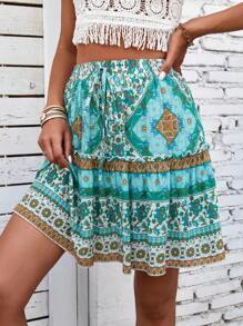 EMERY ROSE Allover Print Knot Front Ruffle Hem Skirt - Multicolor - View 4