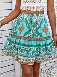 EMERY ROSE Allover Print Knot Front Ruffle Hem Skirt - Multicolor - View 6