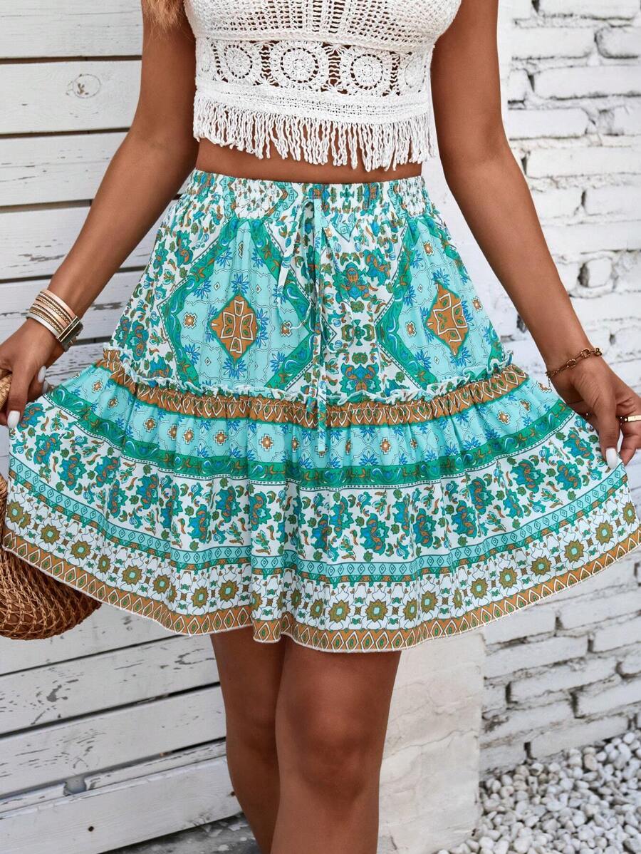 EMERY ROSE Allover Print Knot Front Ruffle Hem Skirt - Multicolor - View 1