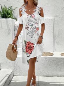 SHEIN Clasi Vestido con estampado floral de hombros descubiertos panel con encaje - Blanco - Ver 2