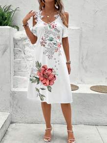 SHEIN Clasi Vestido con estampado floral de hombros descubiertos panel con encaje - Blanco - Ver 1