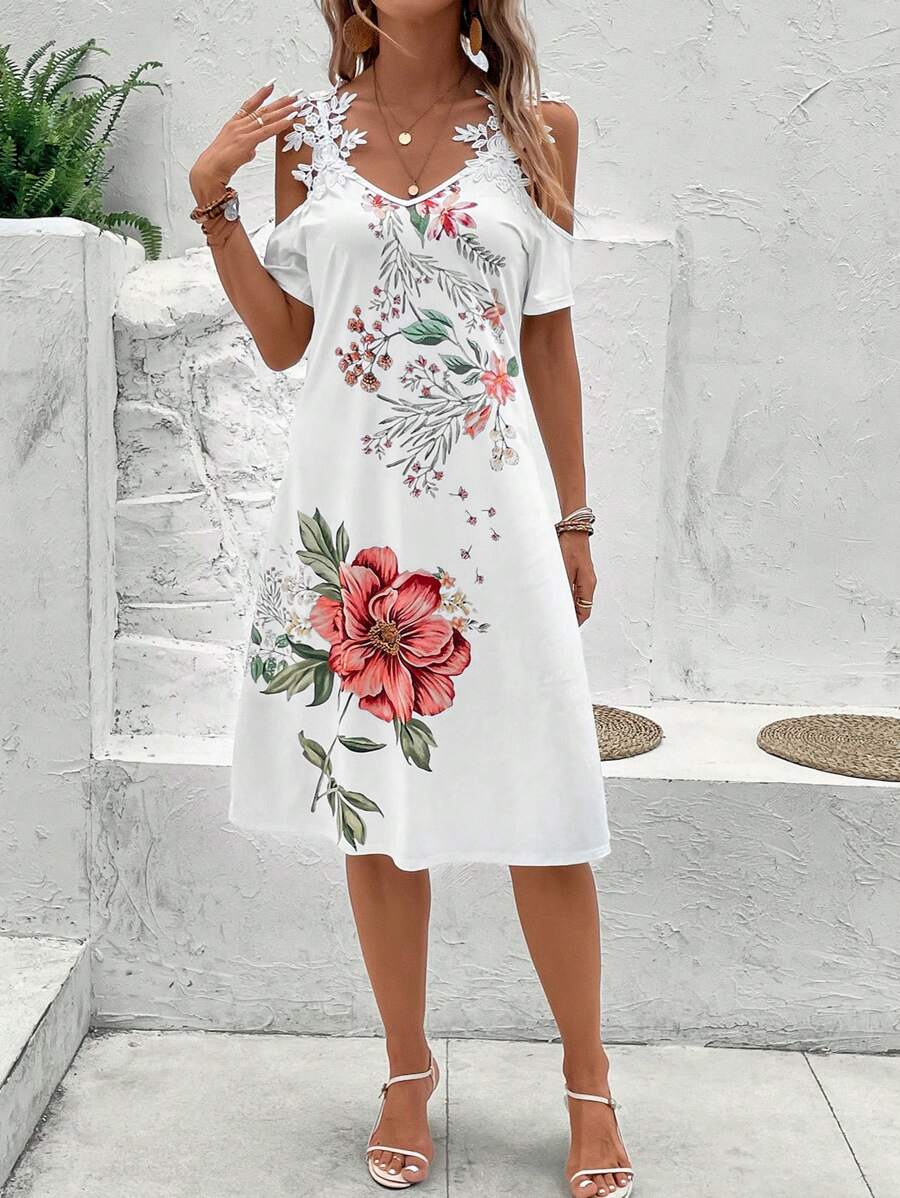 SHEIN Clasi Vestido con estampado floral de hombros descubiertos panel con encaje - Blanco - Ver 1