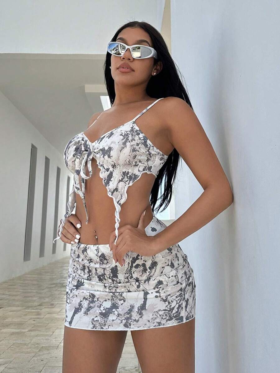 SHEIN SXY Allover Print Knot Front Cami Top & Bodycon Skirt - Black and White - View 1