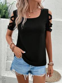 SHEIN LUNE 交叉鏤空T恤 - 黑色 - 查看 6