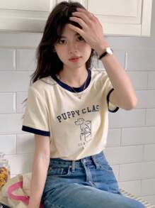 Camiseta ringer con estampado de letra y dibujos animados