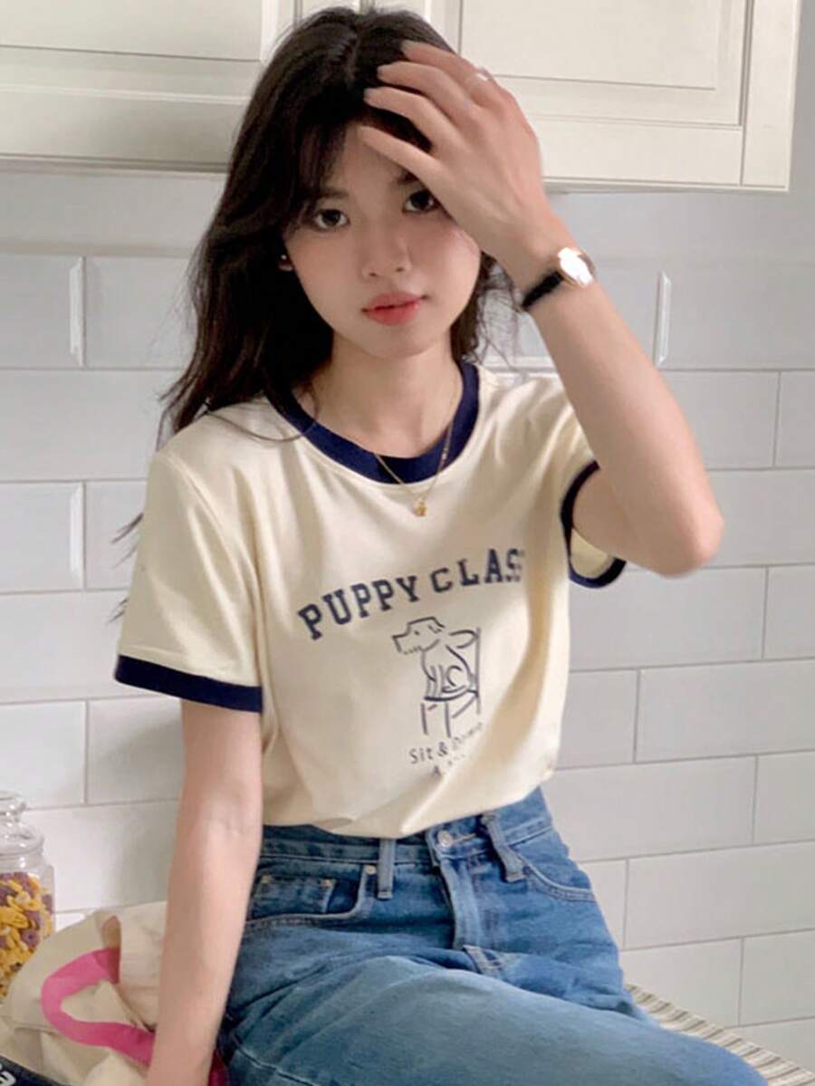 Camiseta ringer con estampado de letra y dibujos animados