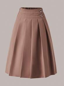 SHEIN 女孩帶扣細節百褶半身裙 - 棕色 - 查看 1