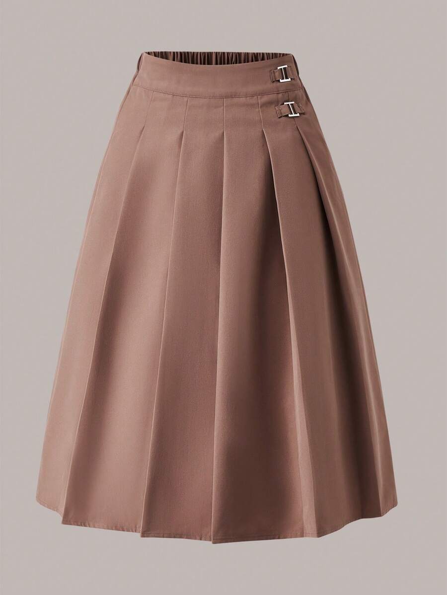 SHEIN 女孩帶扣細節百褶半身裙 - 棕色 - 查看 1