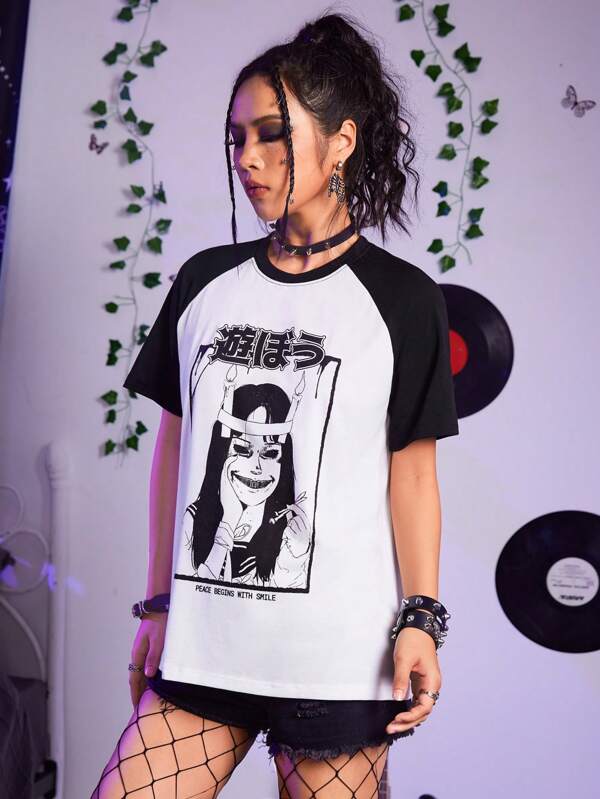 ROMWE X Pahlevi Figure Graphic Raglan Sleeve Tee SHEIN USA