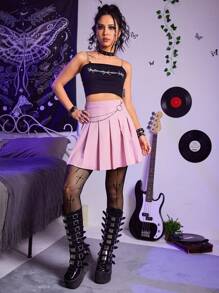 ROMWE Grunge Punk Falda fruncido unicolor con cadena - Rosa - Ver 5