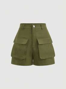 SHEIN EZwear Quần Short kích thước lớn Nút Túi Dây kéo màu trơn Giải trí - xanh quân đội - Xem 1