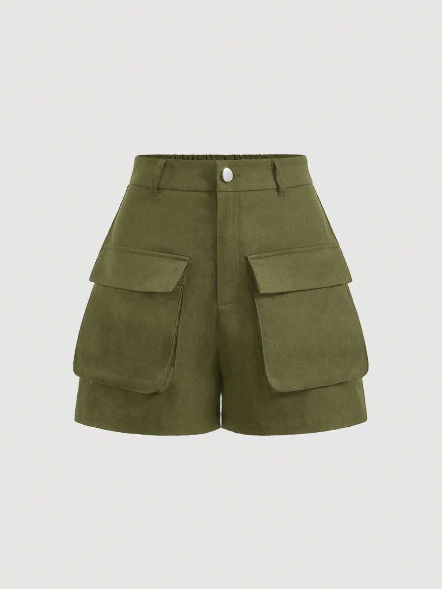 SHEIN EZwear Quần Short kích thước lớn Nút Túi Dây kéo màu trơn Giải trí - xanh quân đội - Xem 1