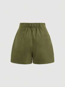 SHEIN EZwear Quần Short kích thước lớn Nút Túi Dây kéo màu trơn Giải trí - xanh quân đội - Xem 2