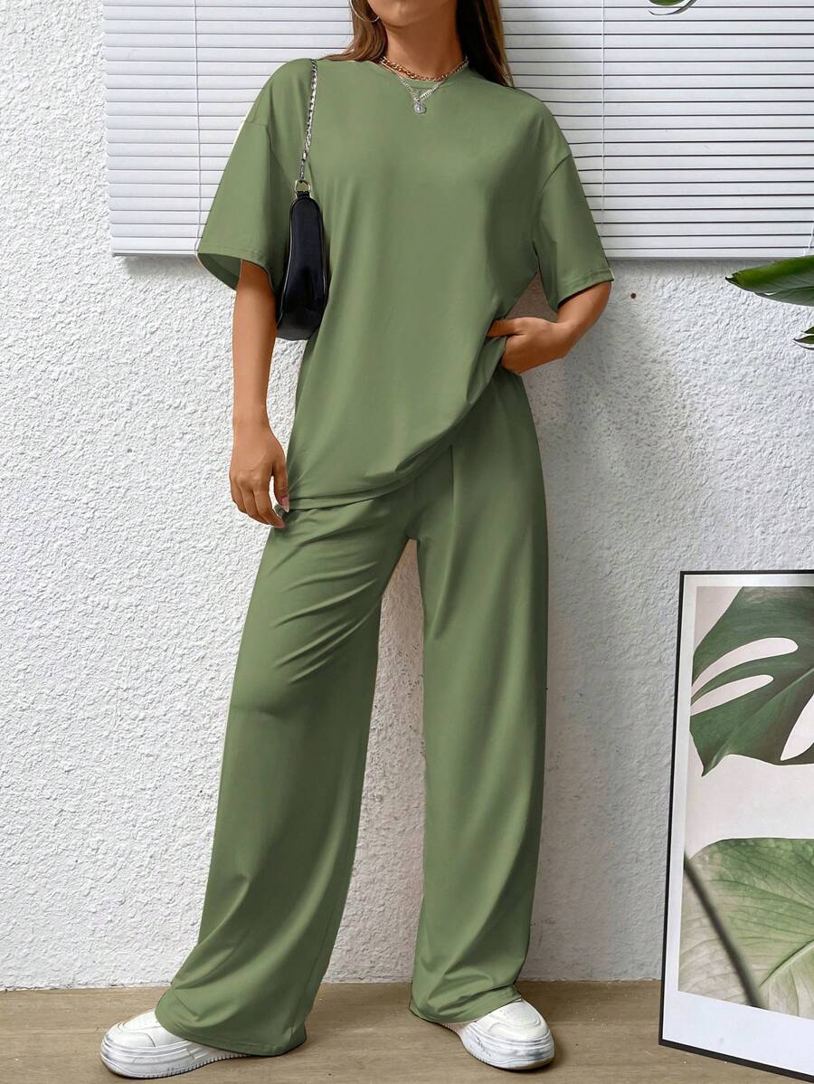 SHEIN EZwear 素色落肩T恤和闊腿褲 - 綠色 - 查看 1