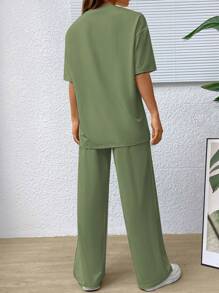 SHEIN EZwear 素色落肩T恤和闊腿褲 - 綠色 - 查看 2