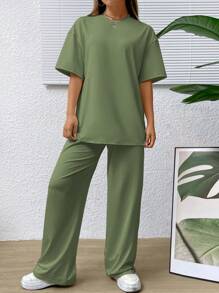 SHEIN EZwear 素色落肩T恤和闊腿褲 - 綠色 - 查看 5