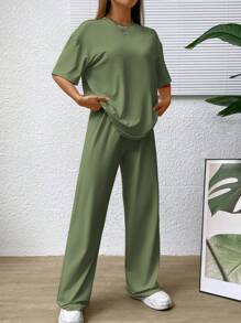 SHEIN EZwear 素色落肩T恤和闊腿褲 - 綠色 - 查看 6