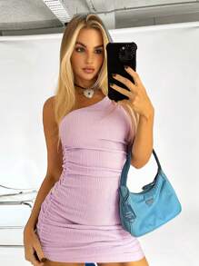 SHEIN EZwear 單肩褶邊緊身洋裝 - 淡紫色 - 查看 6