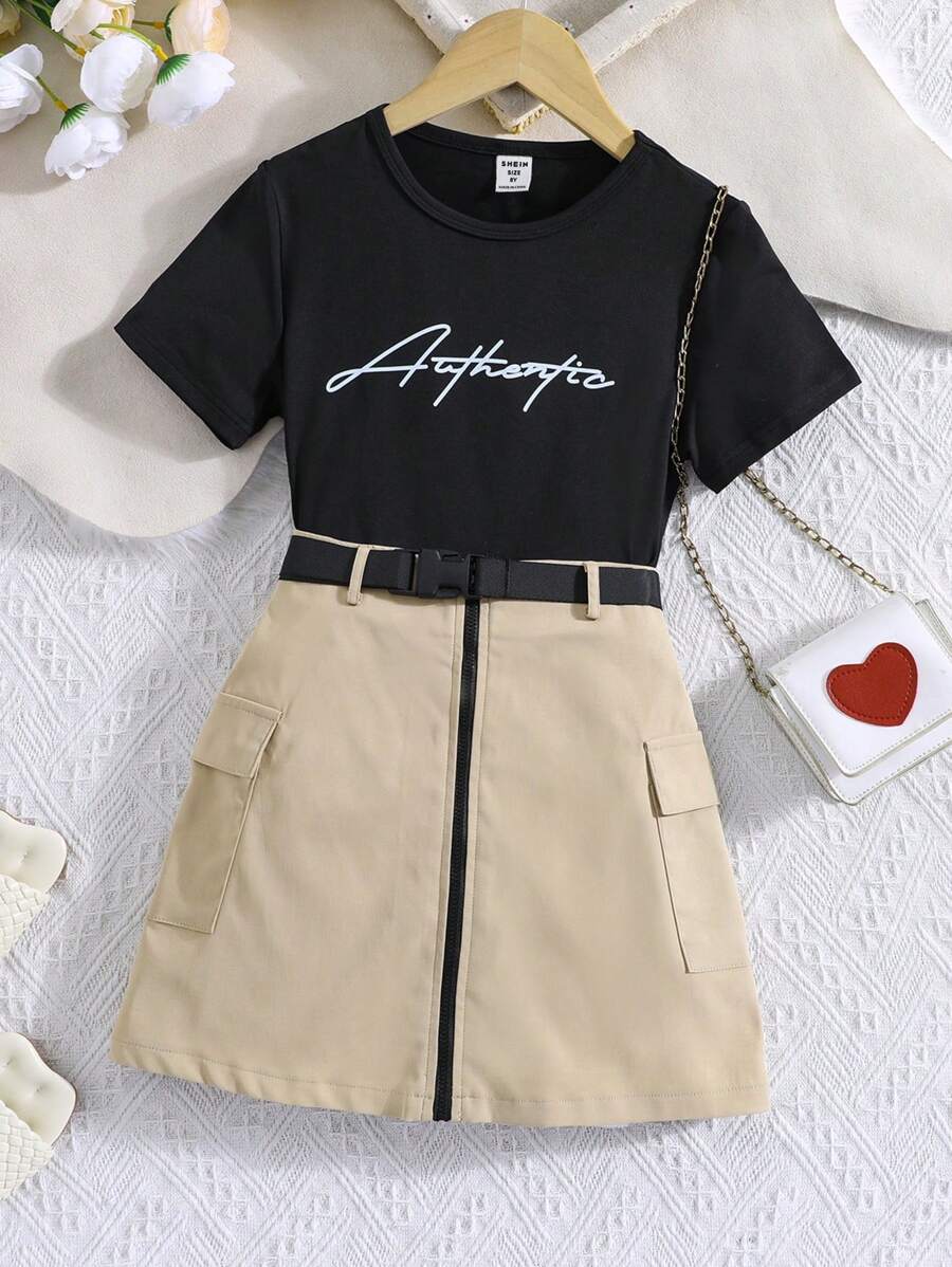 SHEIN 女孩字母圖案T恤和翻蓋口袋腰帶工裝裙套裝